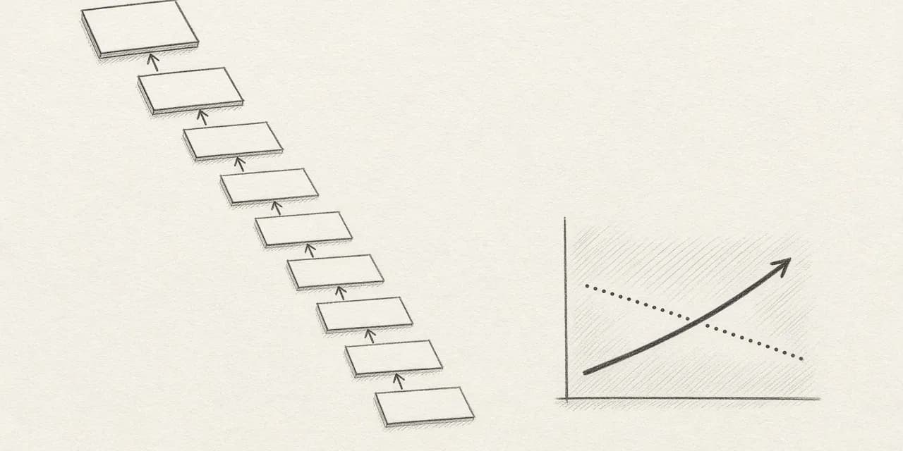 A graphite sketch of a thread of reply cards stepping down the page, each deeper card pointing back at the one above it, beside a small chart in which a dotted line slopes gently down and a heavy line climbs.
