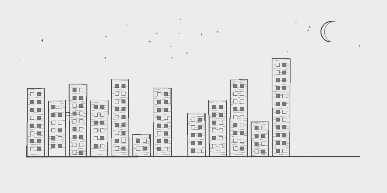 A graphite sketch of a night skyline: a row of buildings of uneven heights, some windows lit, a few stars and a thin moon above.