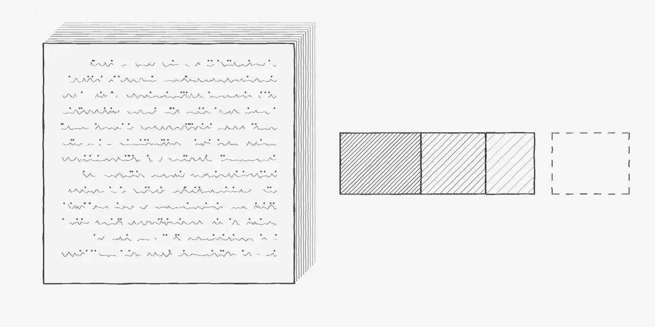 A graphite sketch of a tall stack of paper sheets covered in illegible looping script, beside a hand-drawn bar split into three shaded segments and, next to it, a fourth segment drawn only as a dotted outline.