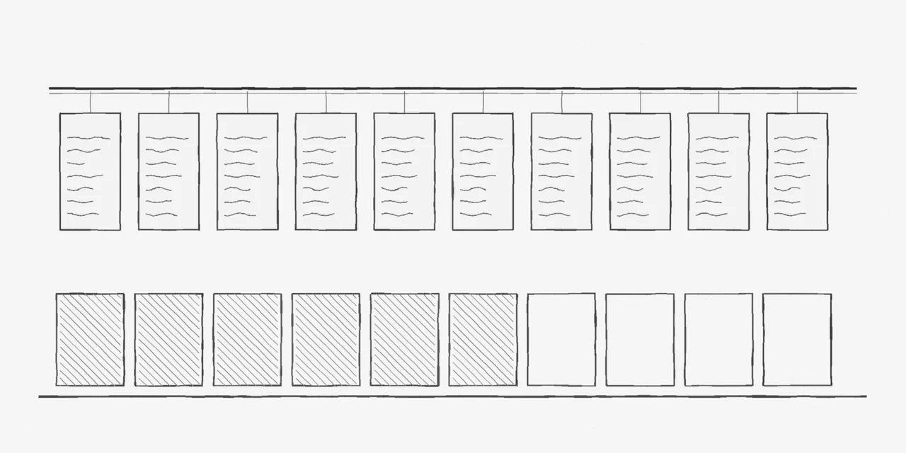 A graphite sketch of ten tags hanging in a row from a shelf: nine covered with the same illegible wavy lines, one slightly different; below, some of the shelf’s compartments are empty.