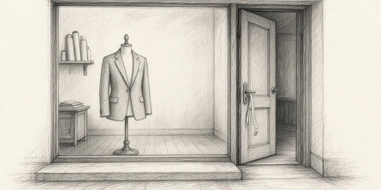 A graphite sketch of a small tailor’s shop: a jacket on a mannequin in the front window and, around the corner, a narrow back door left ajar, with a tape measure hanging from its handle.