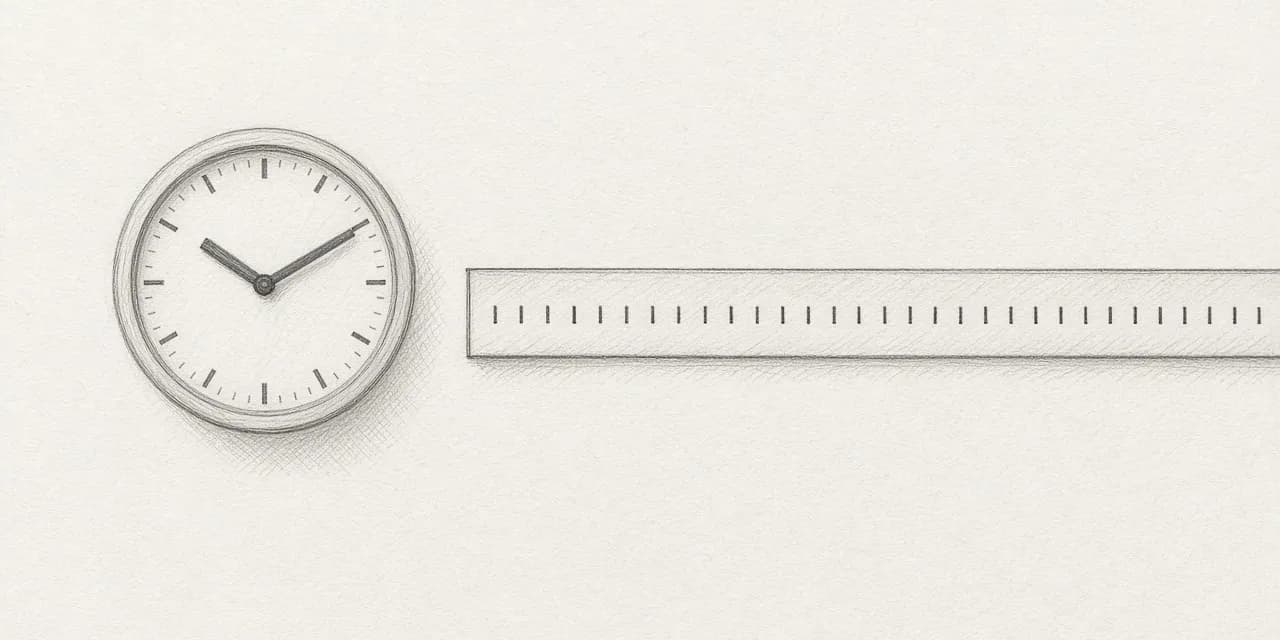 A graphite sketch of a plain wall clock with its hands at a few minutes before two, beside a long paper strip of evenly spaced tick marks running off the edge of the page.