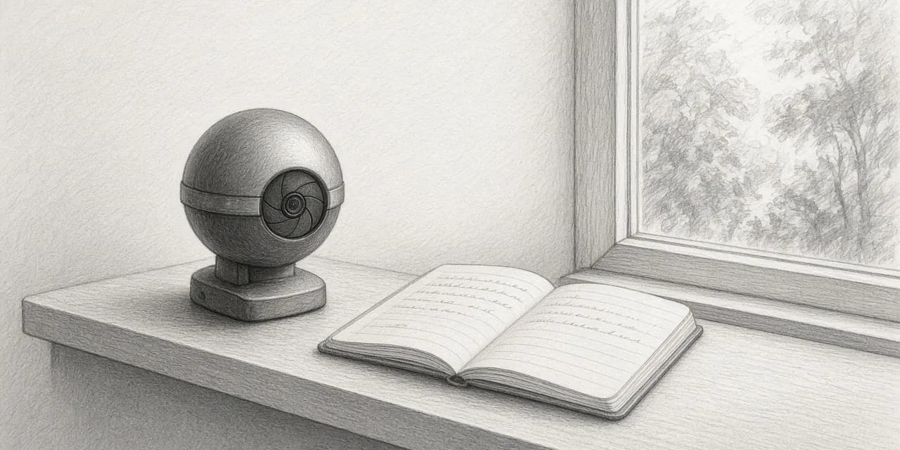 A graphite sketch of a small dome camera on a shelf with its lens shuttered, facing a window, beside an open notebook whose lines of handwriting run on down the page.