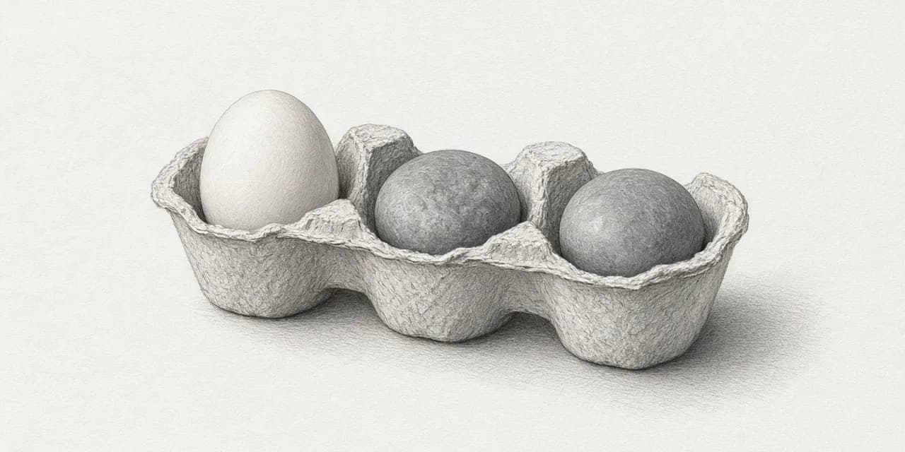 A graphite sketch of a three-hollow egg box on pale paper: one egg in the first hollow, two smooth round pebbles in the others.