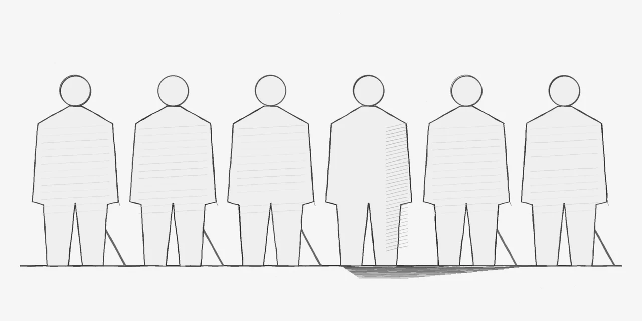 A graphite sketch of six human silhouettes standing in a row on a bare floor: five are flat cut-outs propped up by wooden stands; the fourth has no stand and casts a shadow.