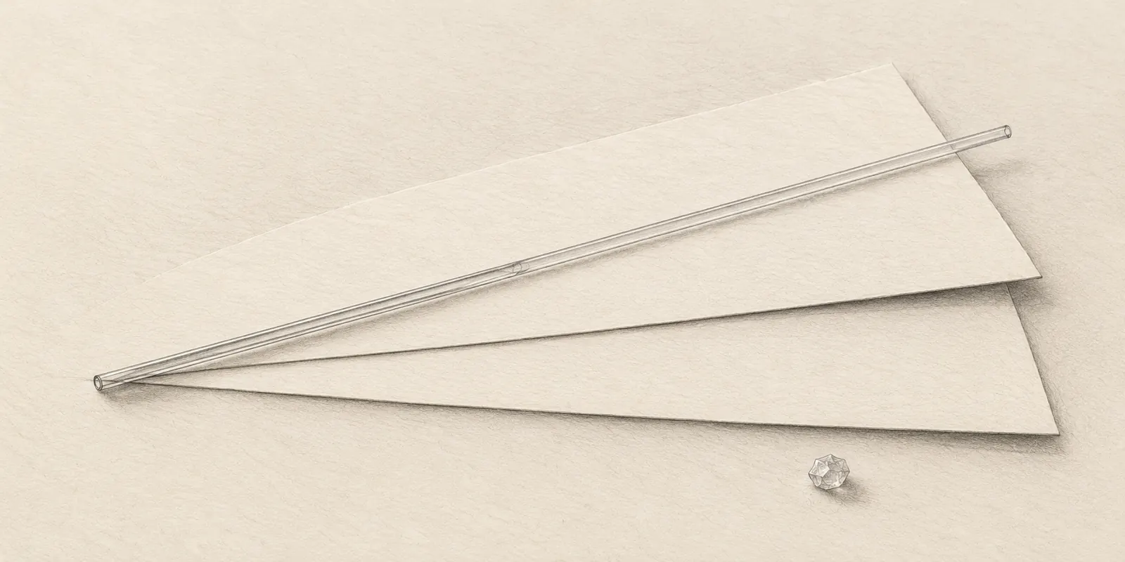 A thin glass capillary crosses two blank sheets whose edges drift apart, beside a tiny crystalline grain.