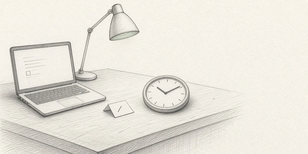 A graphite sketch of a wooden worktable: an open laptop with a few lines on its screen, a switched-off desk lamp, a round clock lying flat on the table and, between them, a small folded slip of paper with a single tick.