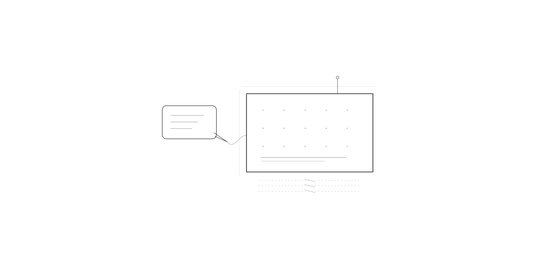 A graphite sketch of a chat bubble wired to a bare rectangular board with dashed missing layers crossed out beneath it.