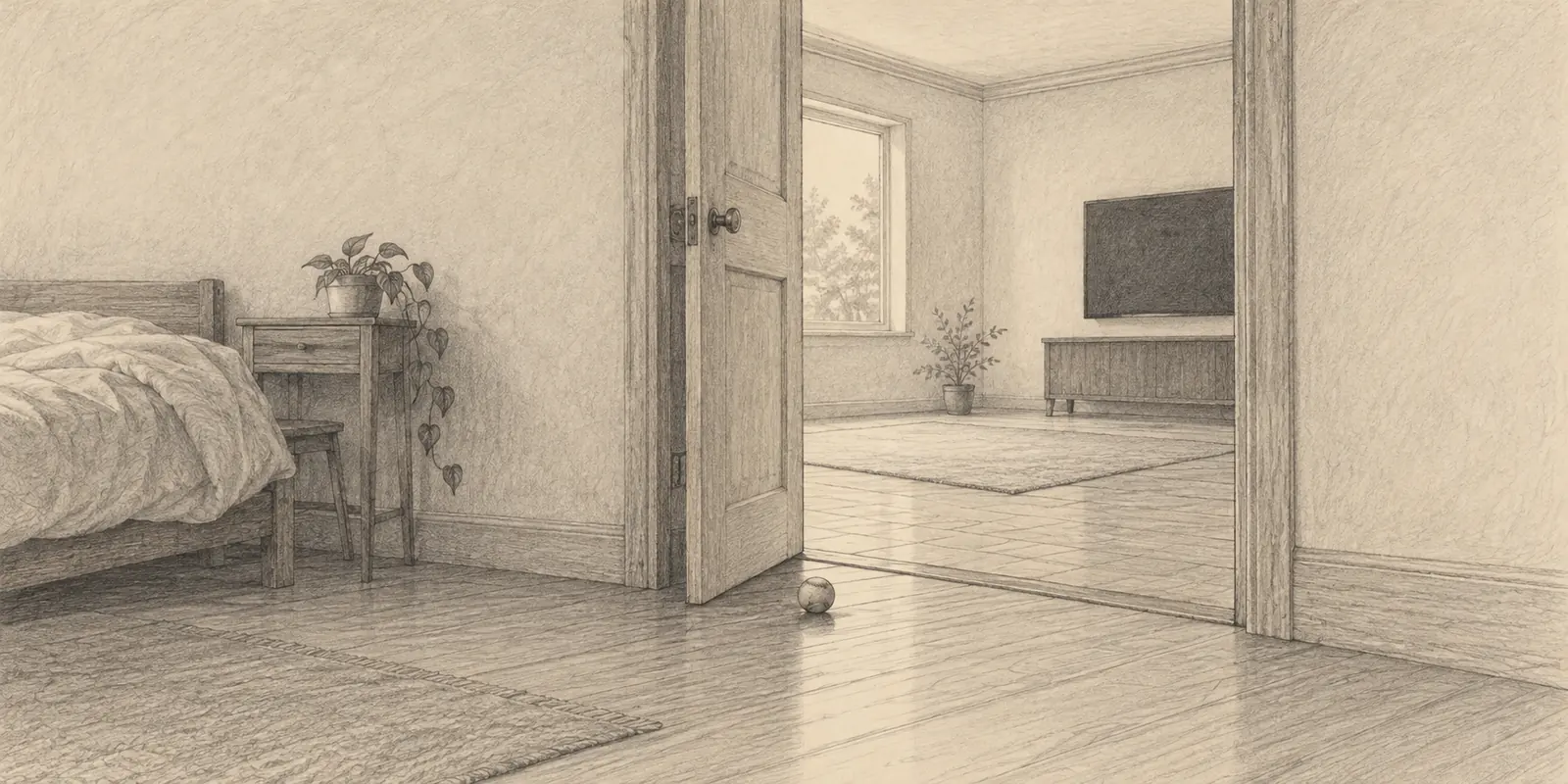Two ordinary rooms overlap through an open doorway; a small baseball rests near the threshold and a distant screen is dark.