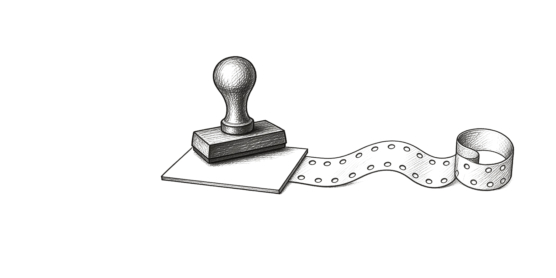 A sketched rubber stamp presses a blank card while a perforated receipt ribbon curls away.