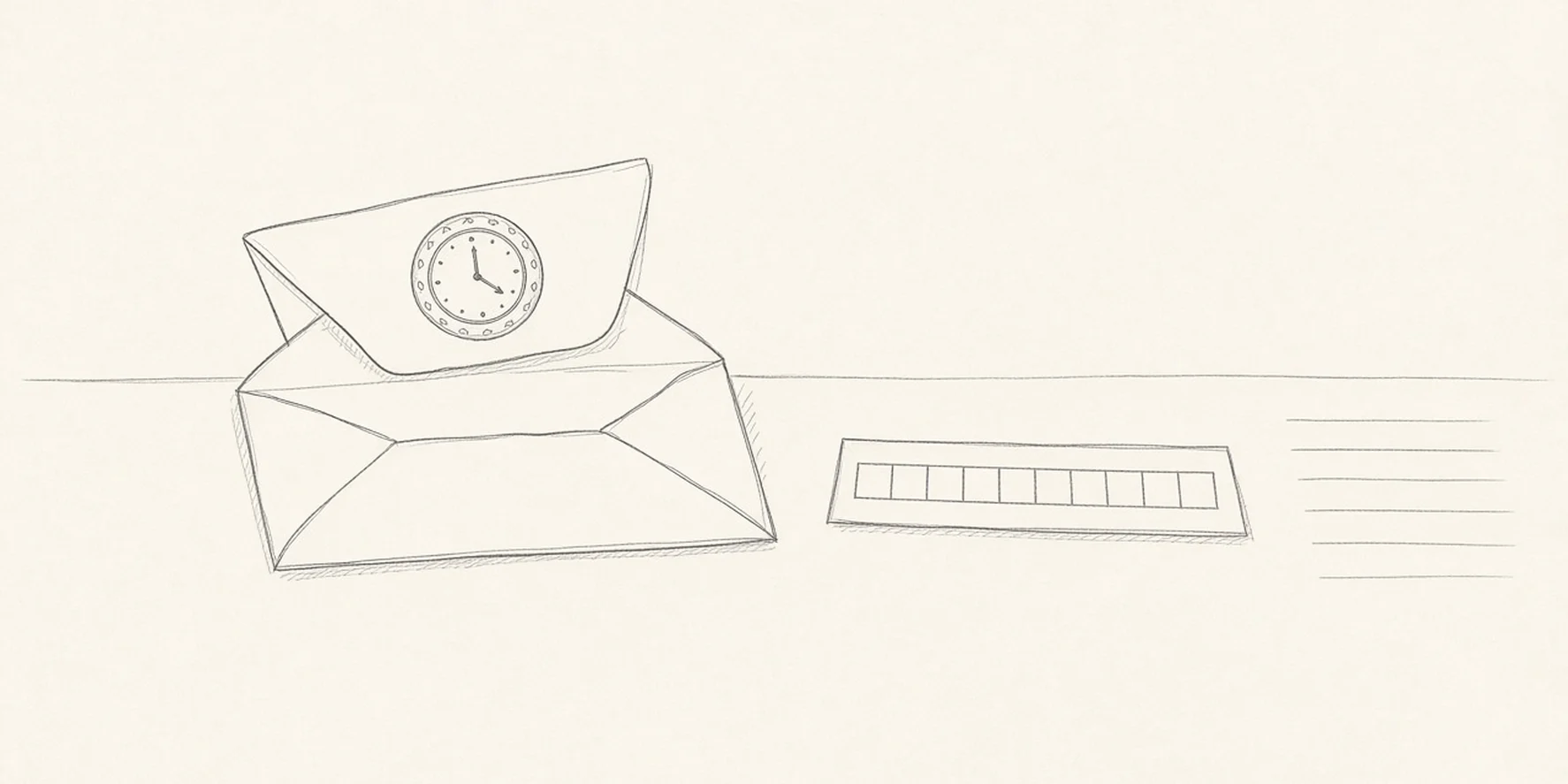 A graphite sketch of an opened, empty envelope whose flap carries a round seal with a clock face, beside a slip of paper with a row of blank boxes.