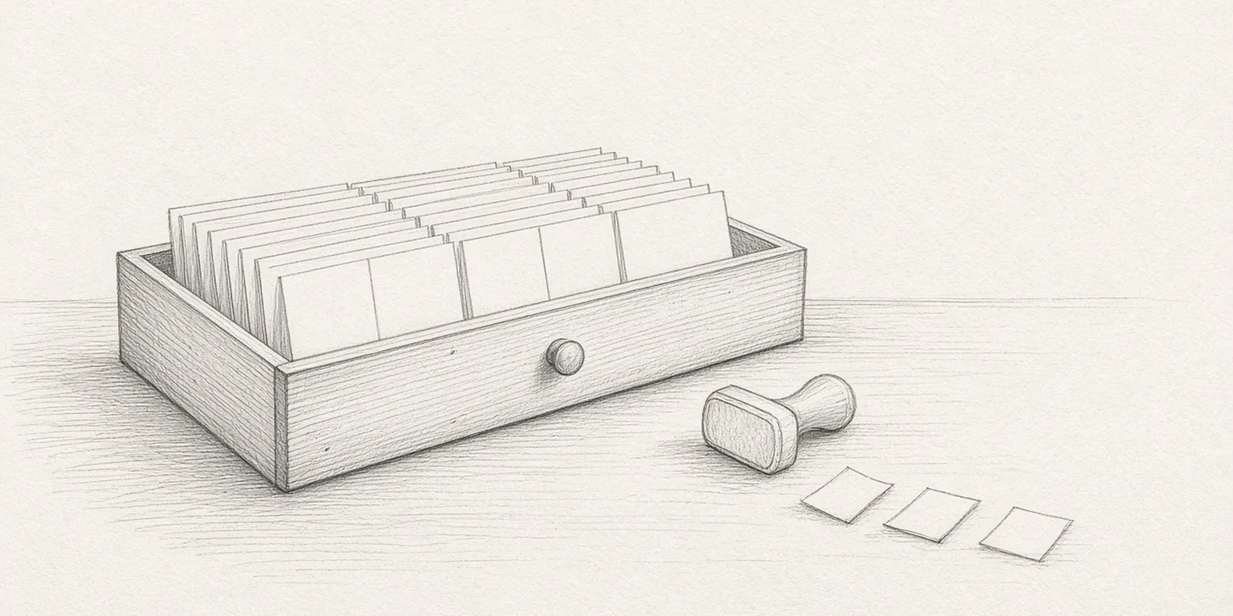 A graphite sketch of an open wooden card-index drawer full of identical blank cards; beside it, a rubber stamp tipped on its side and three small blank paper tabs.