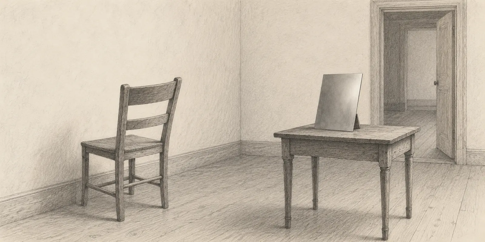 Graphite illustration of an empty chair facing a wall, beside a blank photographic plate on a small table, with an open doorway behind.