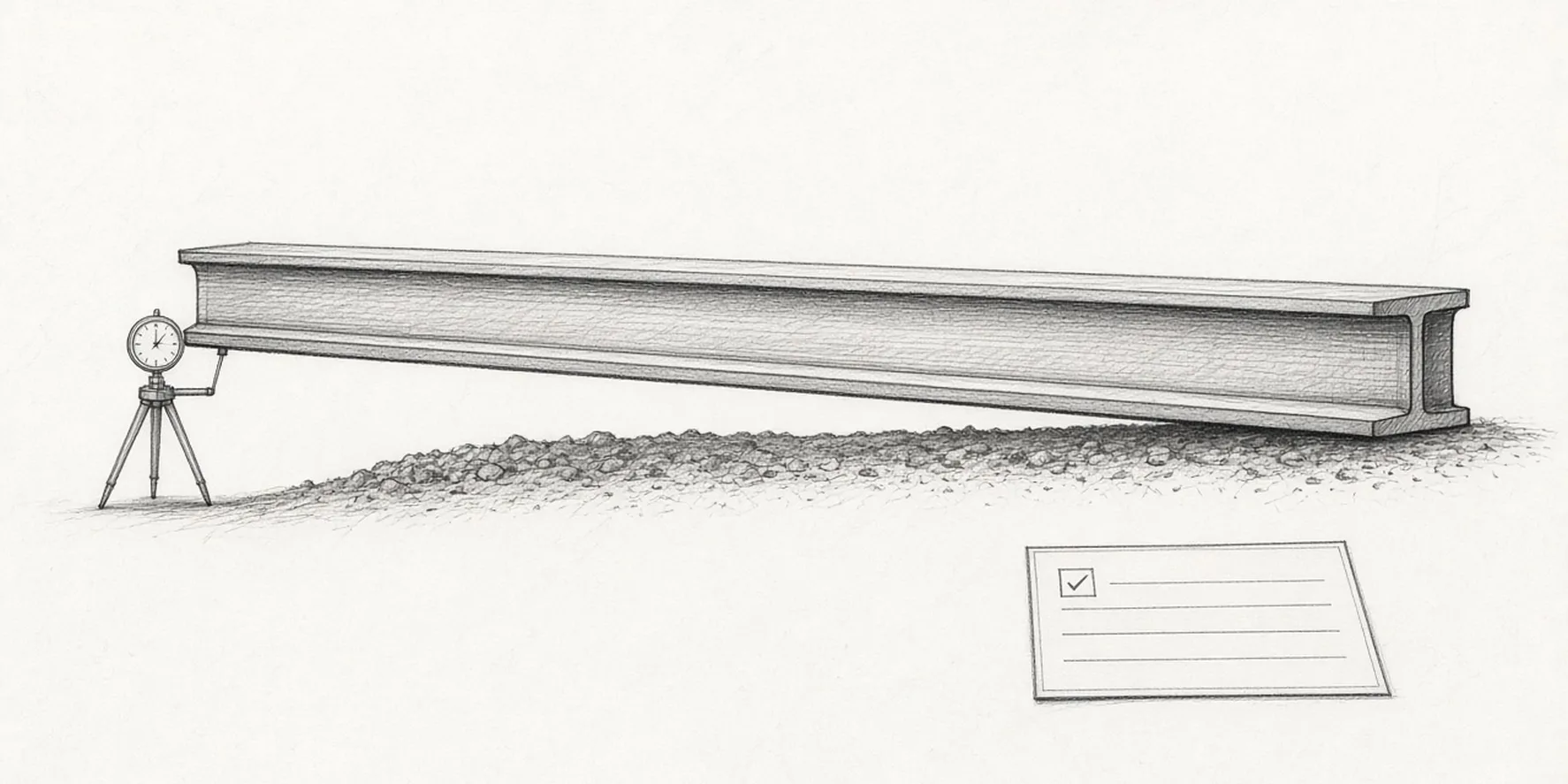 A graphite sketch of a steel beam resting on a strip of soil, its left end lifted slightly clear of the ground; a dial gauge on a small stand touches that end, and beside it lies a form with one ticked box.