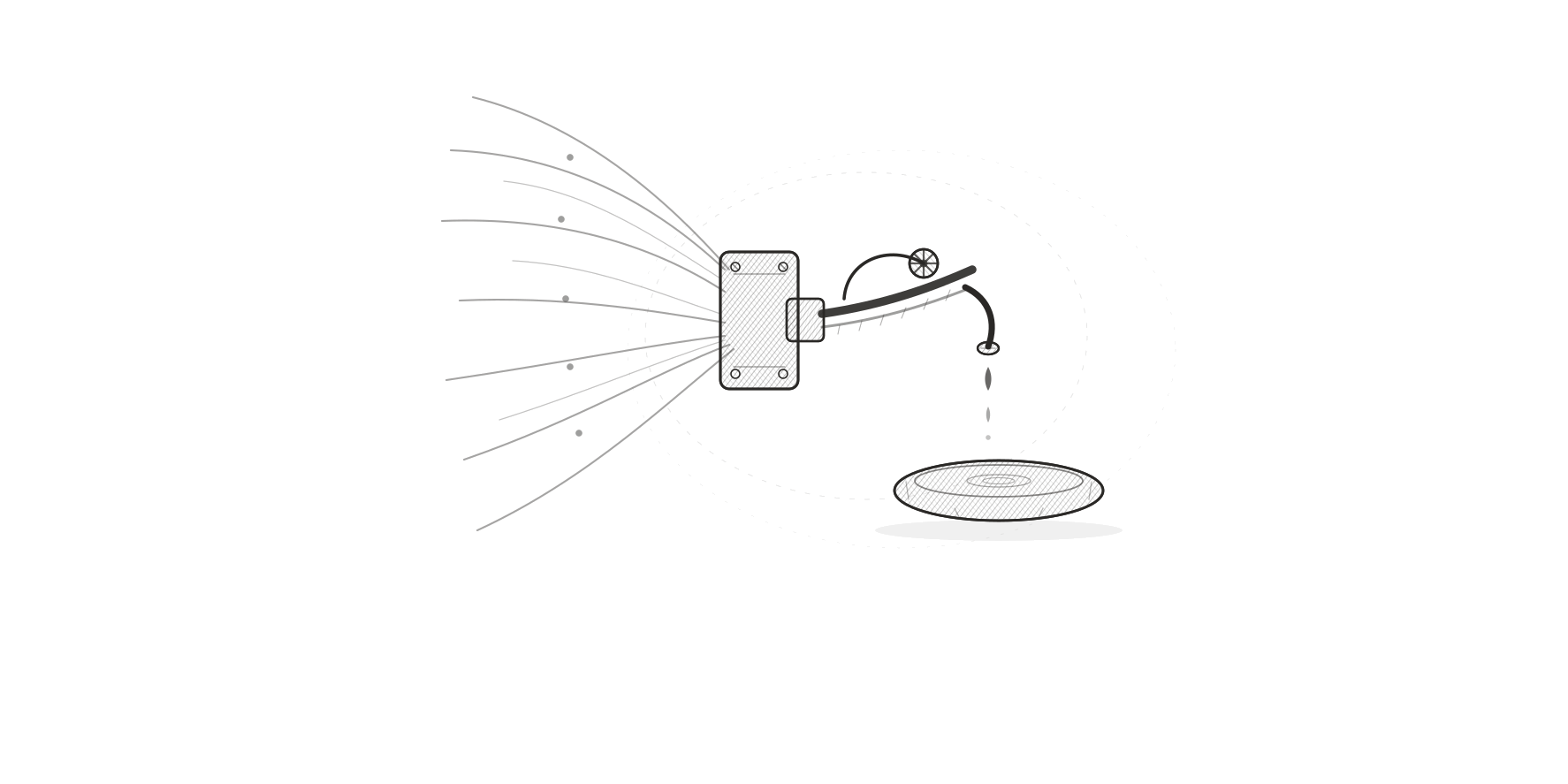 A graphite sketch of many thin feeder pipes converging into a wall faucet that drips into a small oval basin.