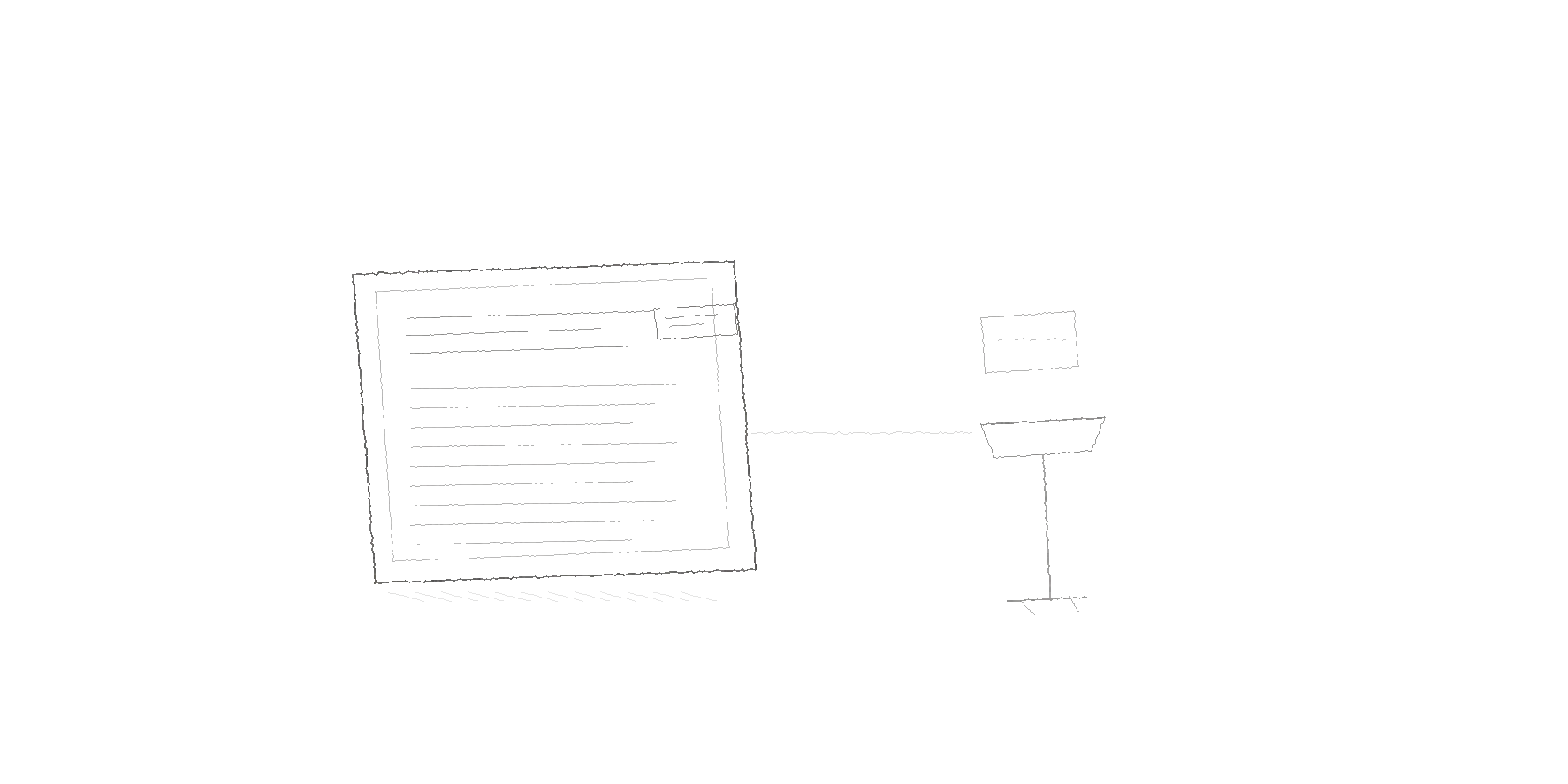 A graphite sketch of an open model card on an empty table, a date tag beside it and a vacant announcement lectern, with ample blank space around them.