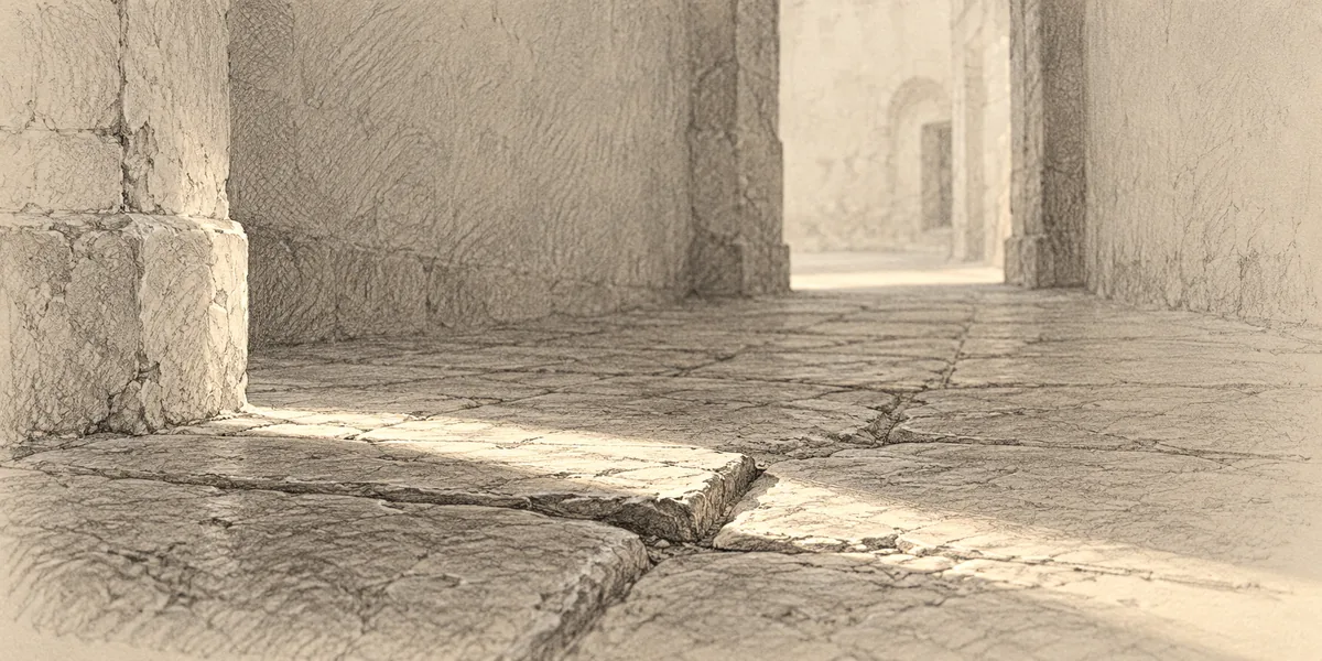 An empty passage, with a slightly raised paving stone picked out by a narrow patch of light.