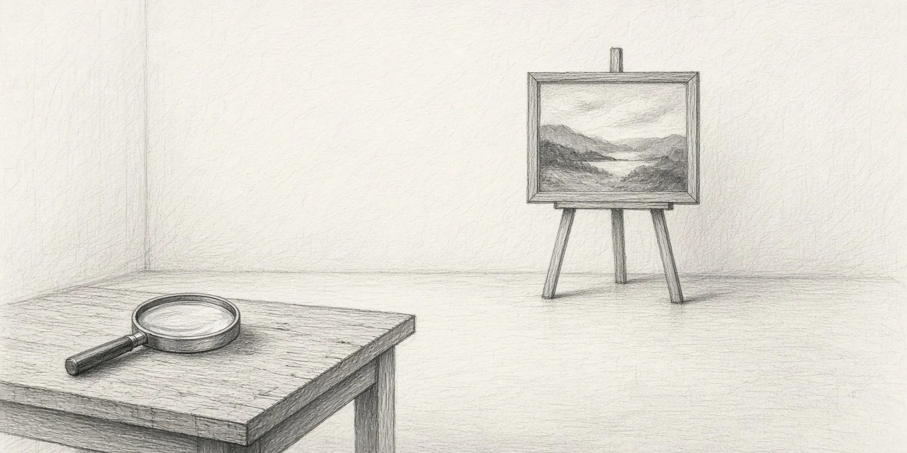 A graphite sketch of a small framed landscape propped on an easel at the far side of a bare room; in the foreground, on a wooden table, a magnifying glass lies flat.