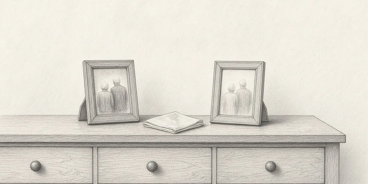 Two identical framed photographs of the same couple on a dresser, one softer and paler than the other.