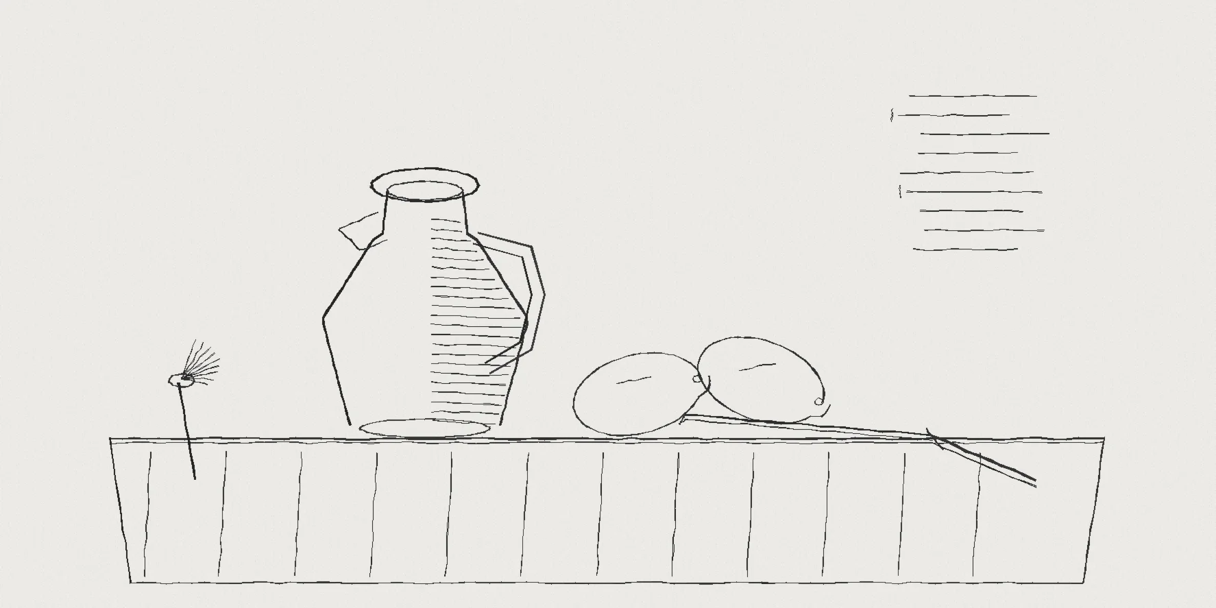 A graphite sketch of a stoneware jug, two lemons and a knife on a ledge, with a resting brush and faint program lines nearby.