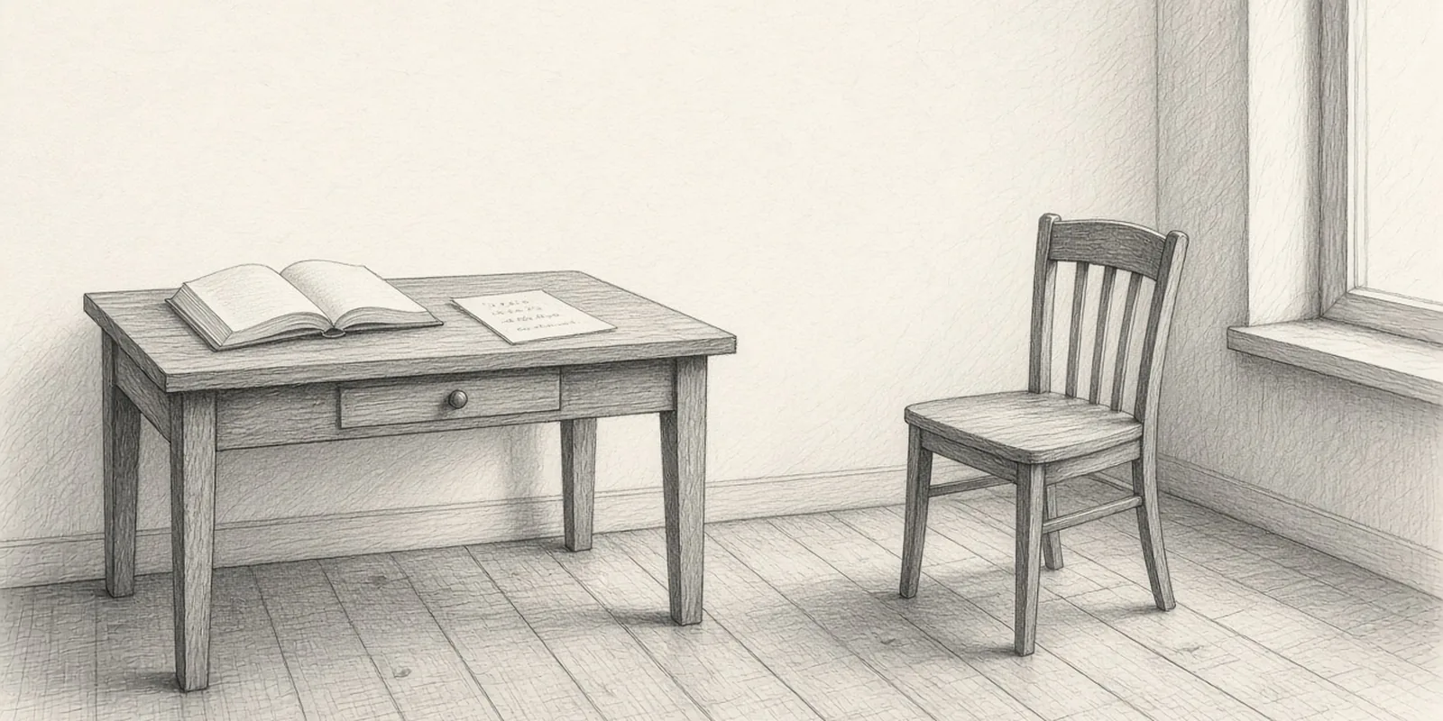 Graphite drawing of an open book on a desk beside a single sheet of paper with five-letter groups, and an empty chair near a tall window.