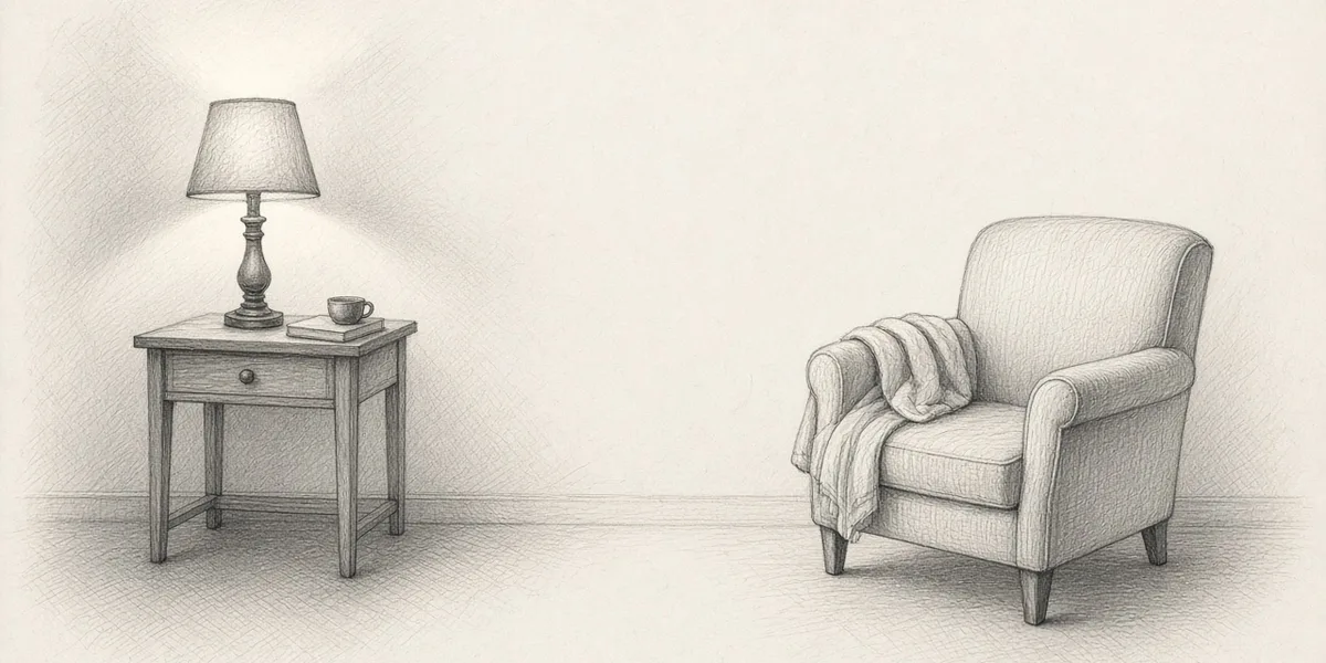 Line drawing of a lit lamp on a bedside table beside an empty armchair, its light spreading across the wall.