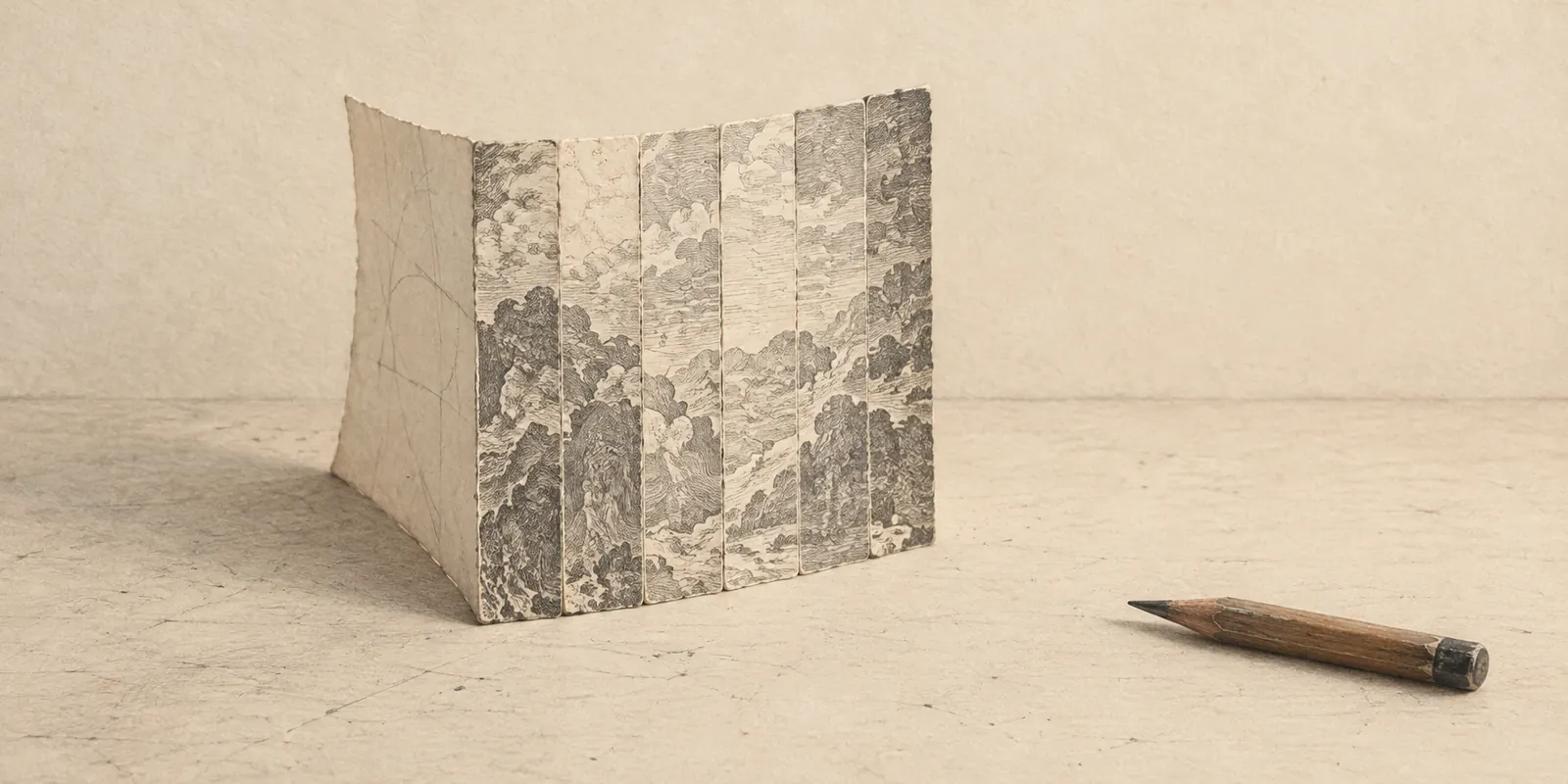 A paper fragment assembled from narrow strips shows a hatched front and an almost blank reverse, with a pencil beside it.