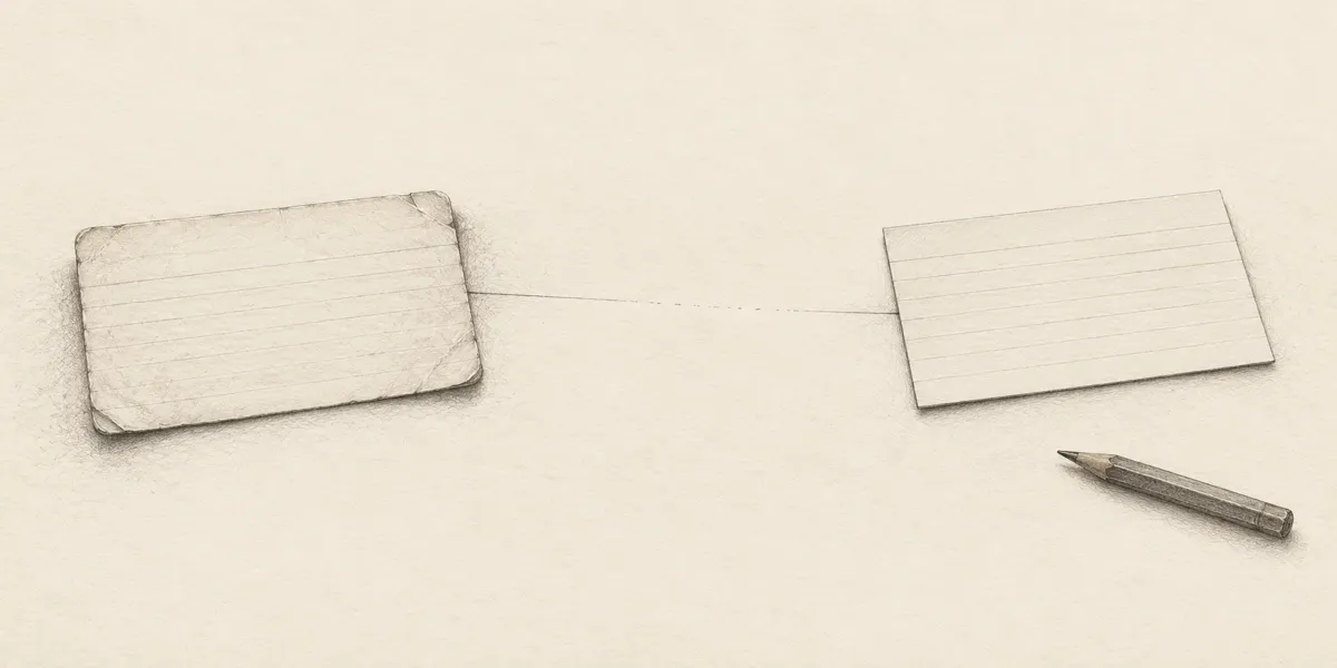 Two archive cards separated by a pencil line fading into empty space.