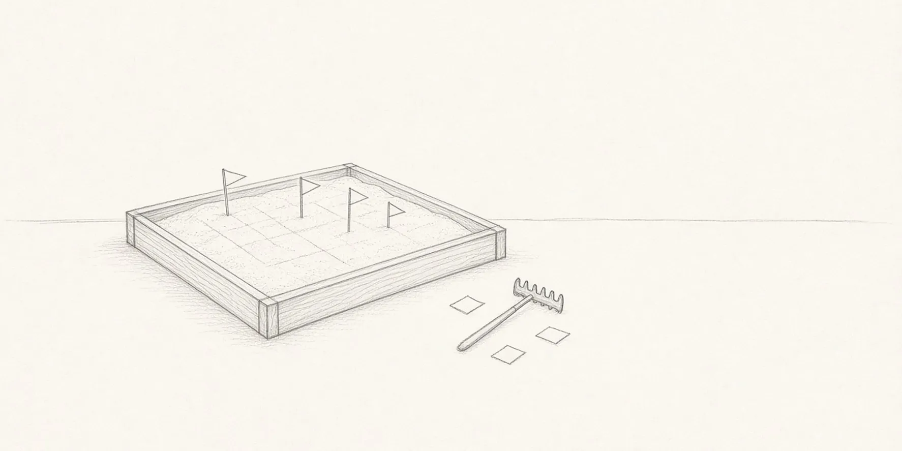 A graphite sketch of a small wooden sandbox with smoothed sand and four blank paper flags, a rake and a few blank slips of paper left beside it.